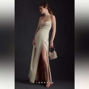 BHLDN Remy Cowl-Neck Faux-Wrap Satin Gown in Champagne